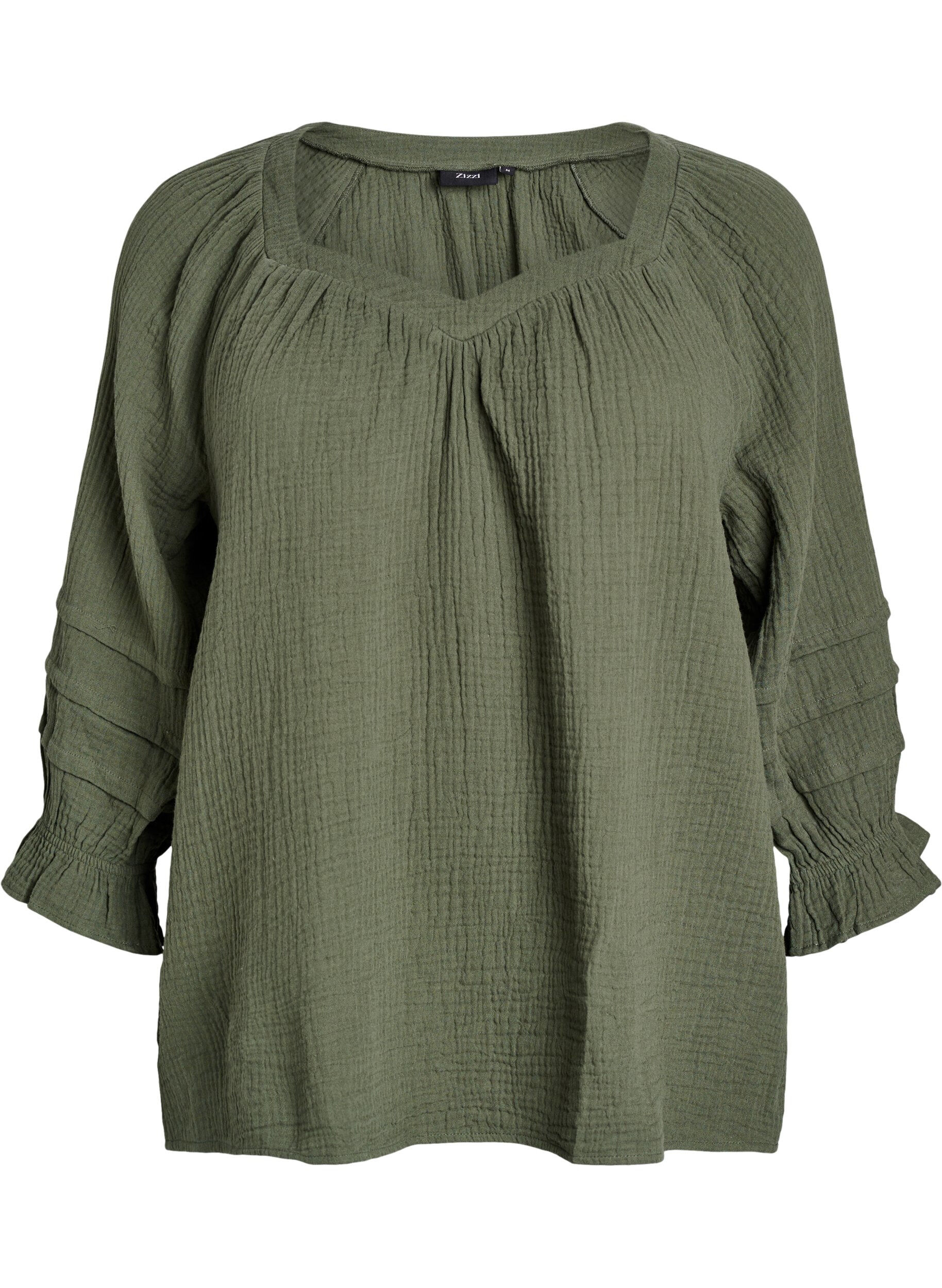 Zizzifashion Cotton muslin blouse with 3/4 sleeves, Thyme, Packshot image number 0