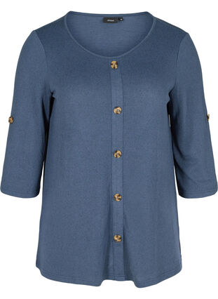 Blouse with buttons and 3/4 sleeves, V.Indigo Melange, Packshot image number 0