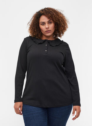 Long-sleeved ribbed blouse with ruffled collar, Black, Model image number 0