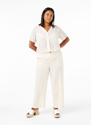 High-waisted trousers in cotton and linen, Whitecap Gray, Model image number 0