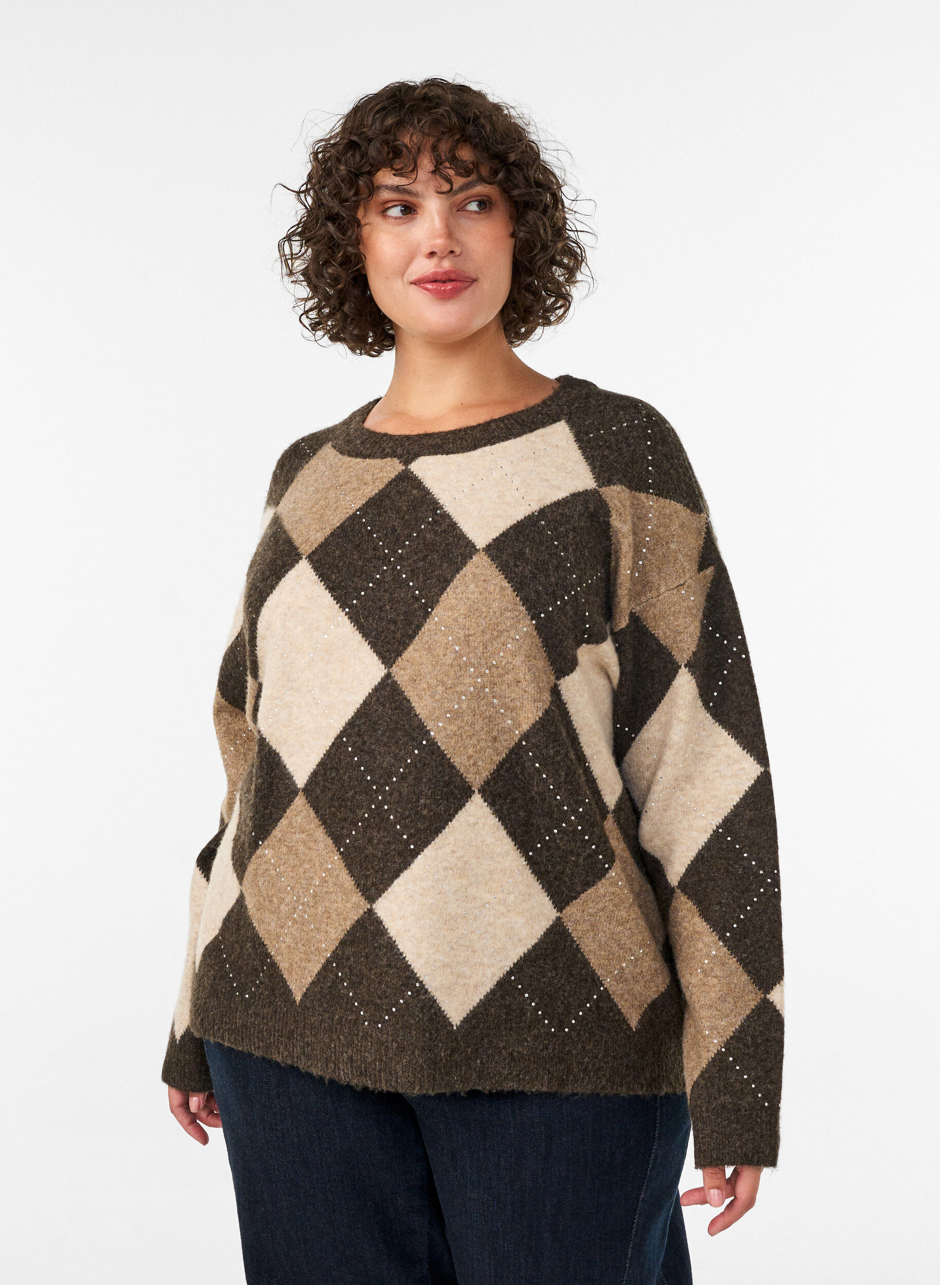 ZizzifashionKnitted top with argyle pattern and rhinestones, Brown, Model image number 0