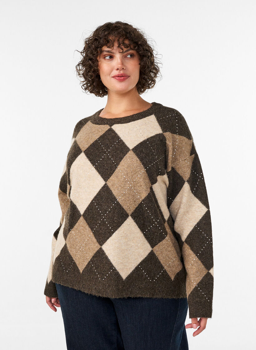 Knitted top with argyle pattern and rhinestones, Brown, Model image number 0