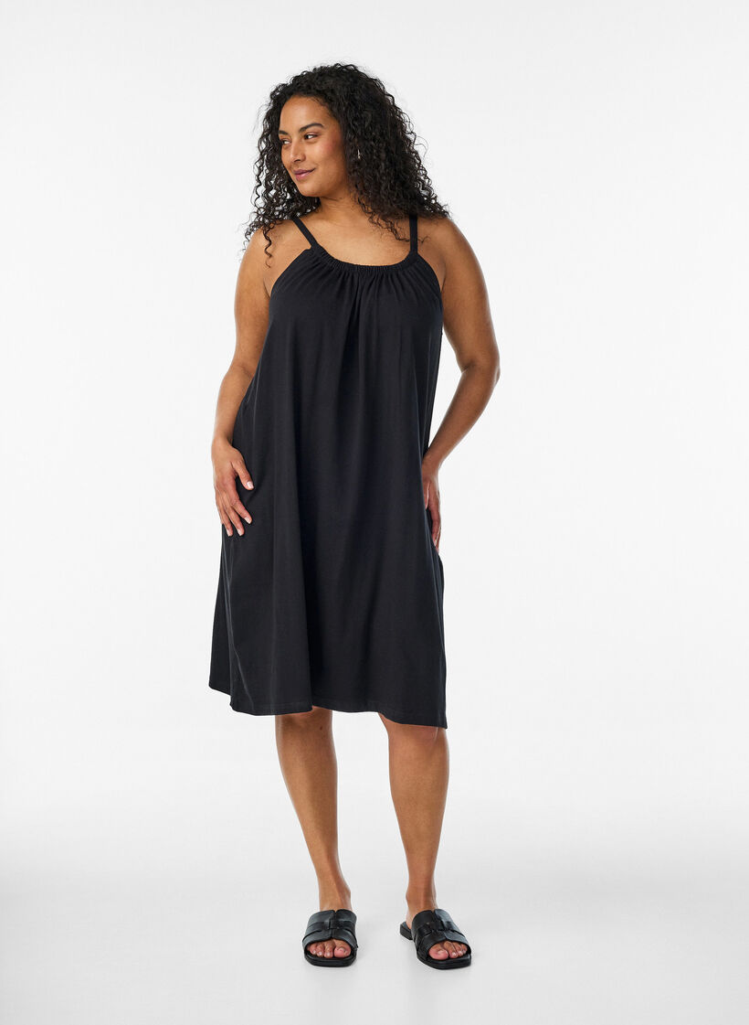 Knee-length strap dress in organic cotton, Black, Model image number 1