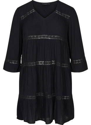 Viscose A-line dress with lace trim, Black, Packshot image number 0