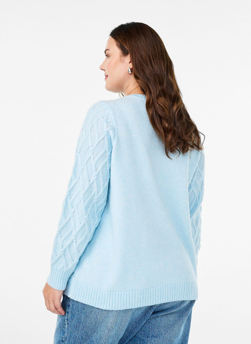 Knit blouse with cable pattern and round neck, Light Blue, Model image number 2