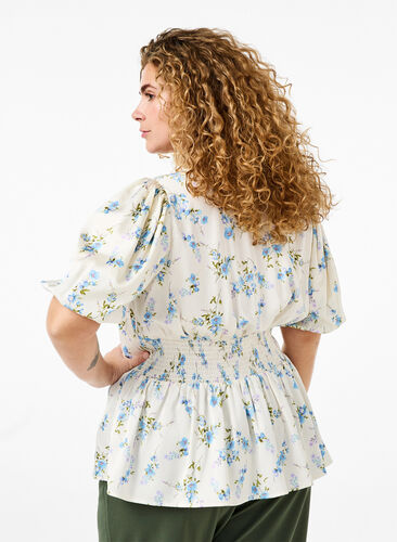 Floral satin blouse with puff sleeves, Off White Blue Fl., Model image number 1