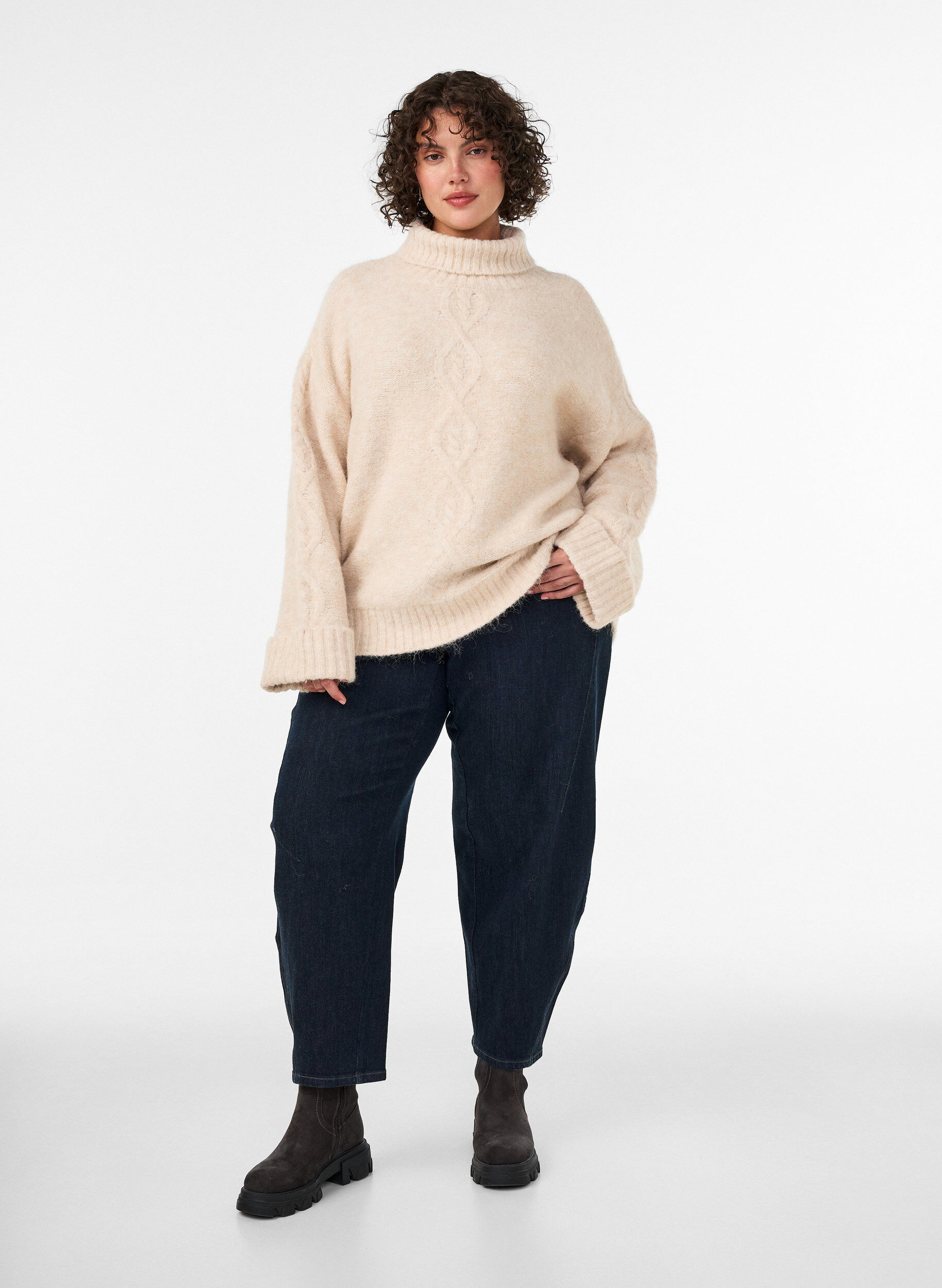 ZizzifashionJumper with turtleneck and cable knit, Vanilla, Model image number 1
