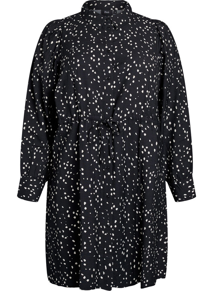 Shirt dress with tie belt and print, Black, Packshot image number 0