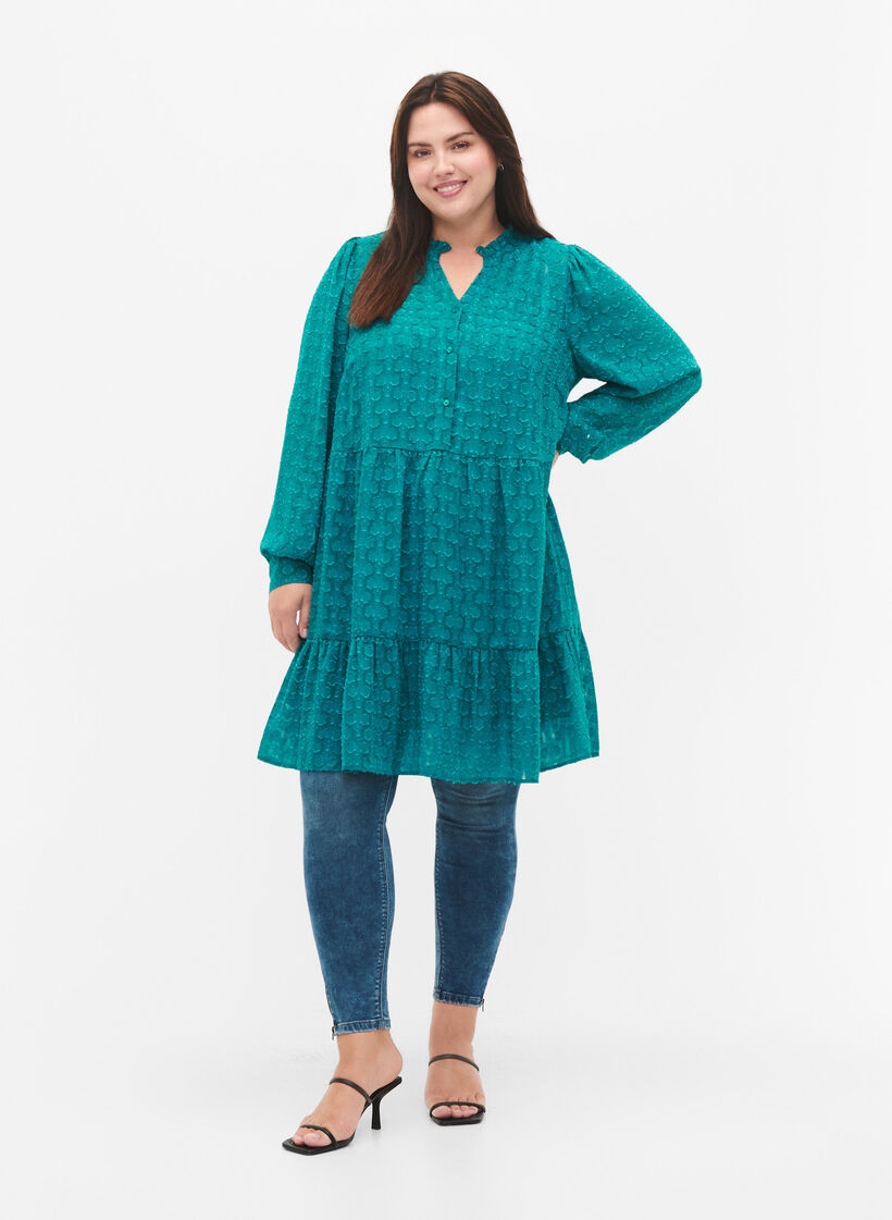 Jacquard dress with ruffle collar, Deep Lake, Model image number 2