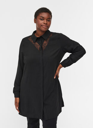 Long-sleeved tunic with lace details, Black, Model image number 0