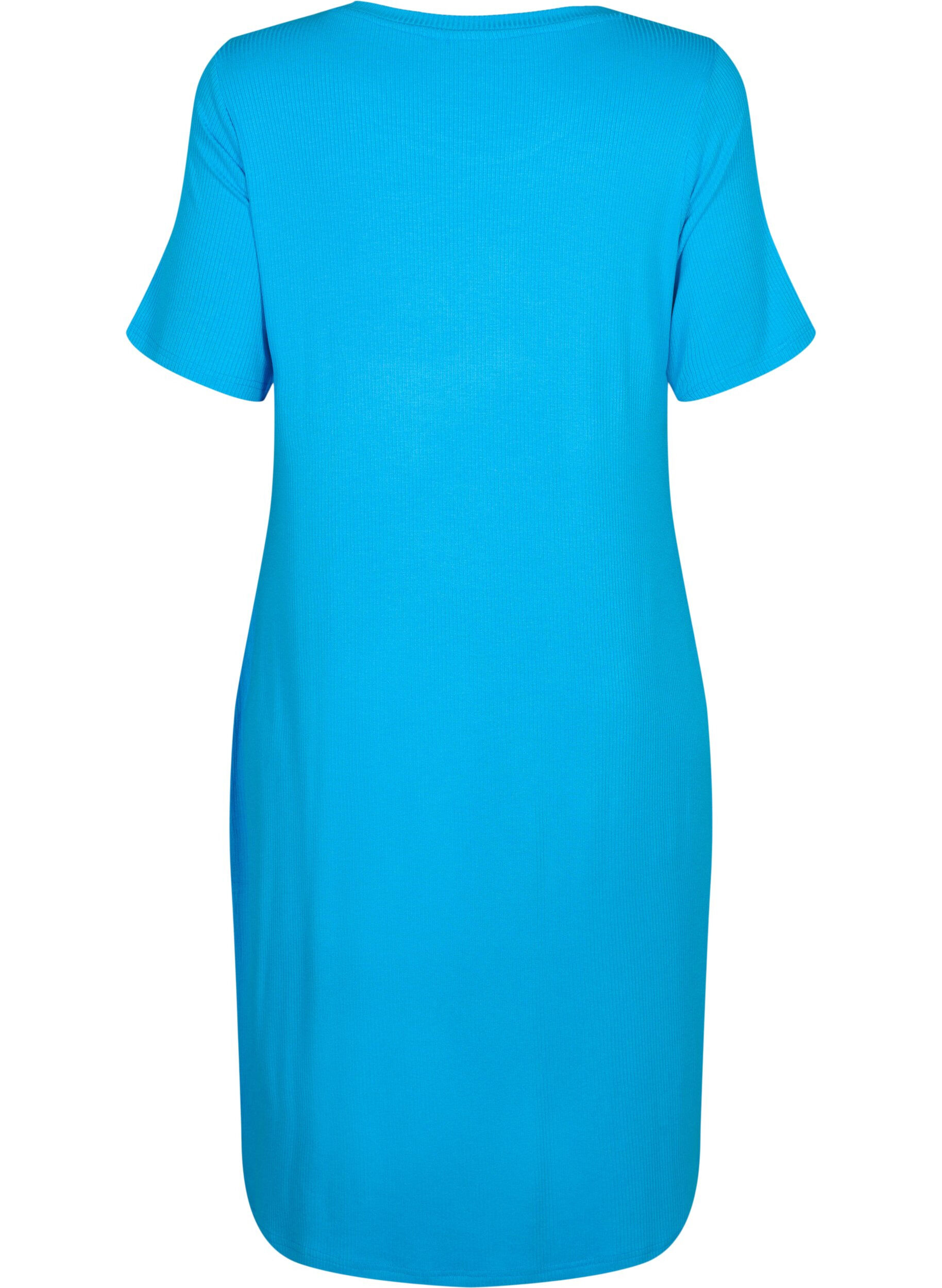 Zizzifashion Viscose rib midi dress with short sleeves, Ibiza Blue, Packshot image number 1