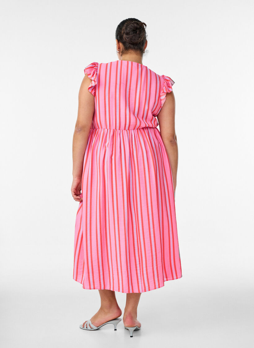 Striped midi dress with an empire cut and ruffles, Pink, Model image number 0