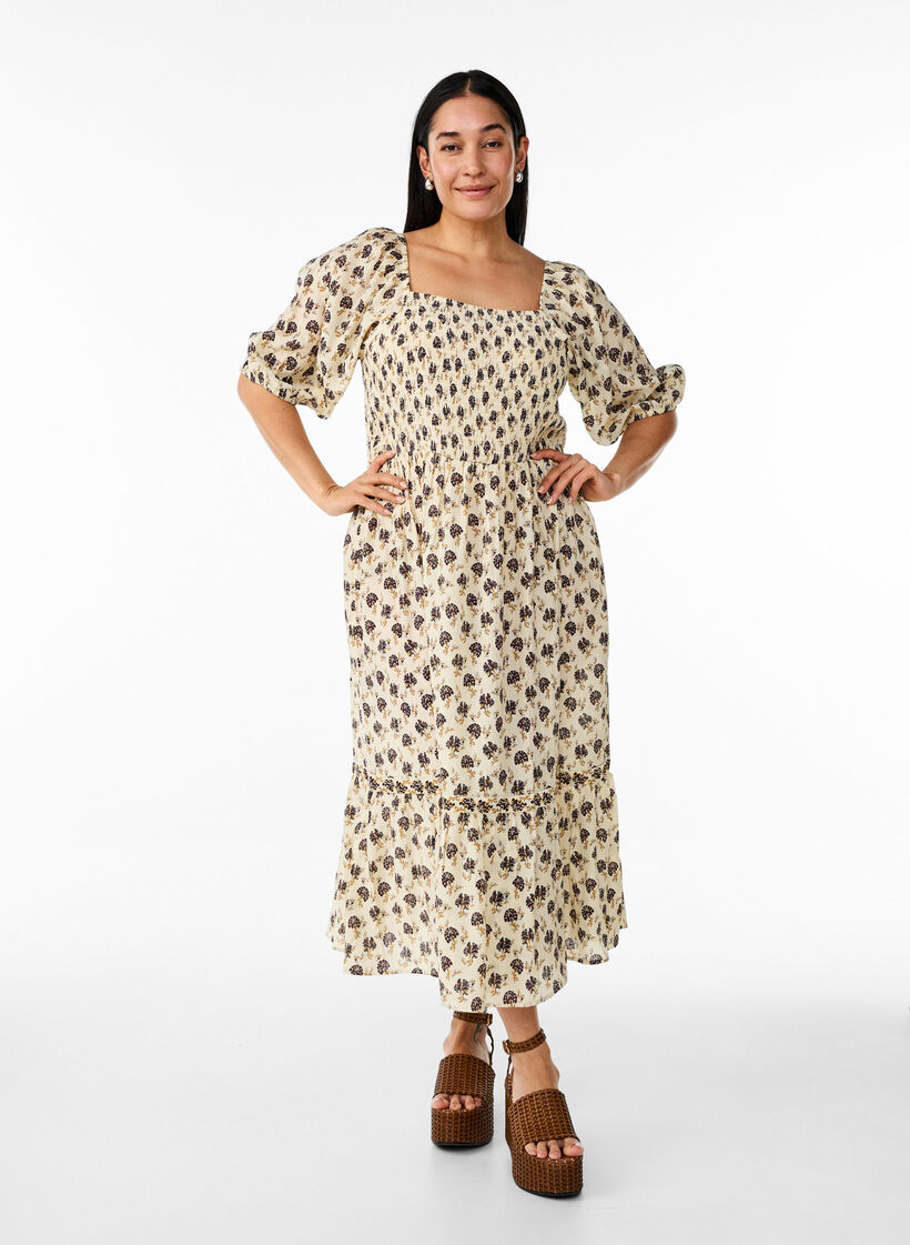 Midi dress with print and smock detailing, Vanilla, Model image number 0