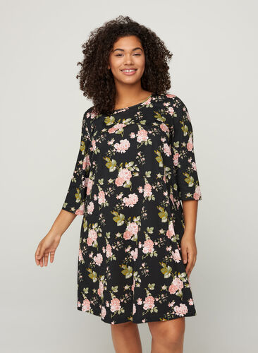 Floral cotton night dress, Black W. Flower , Model image number 0