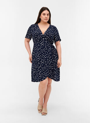Short-sleeved, viscose wrap dress with dots, Night Sky Dot, Model image number 2