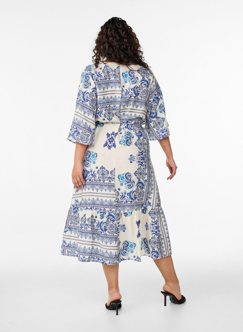 Patterned midi dress in viscose with tie belt, Blue, Model image number 1