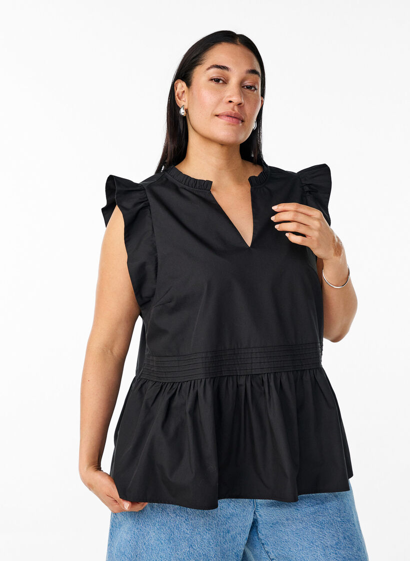 Sleeveless top with pin-tuck and ruffle details, Black, Model image number 0