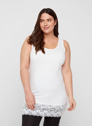 Cotton Top with Lace Edge, White, Model image number 0