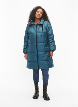 Shiny puffer jacket with zipper and pockets, Deep Teal, Model image number 2