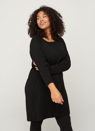 Long-sleeved knitted dress with a round neck, Black, Model image number 0