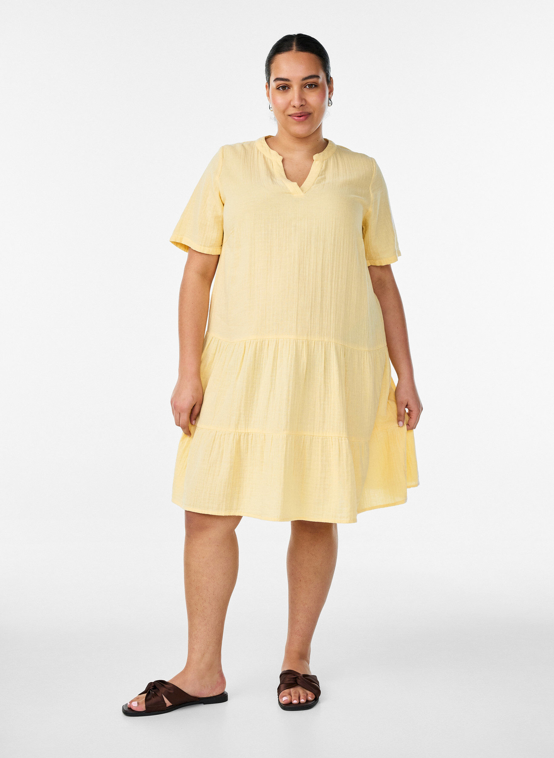 ZizzifashionShort A-line dress in cotton muslin, Yellow, Model image number 1