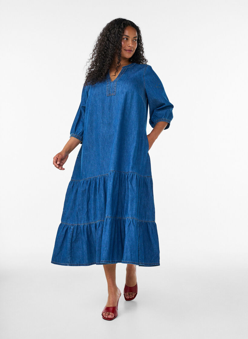 Denim maxi dress with frilled tiers, Blue, Model image number 0