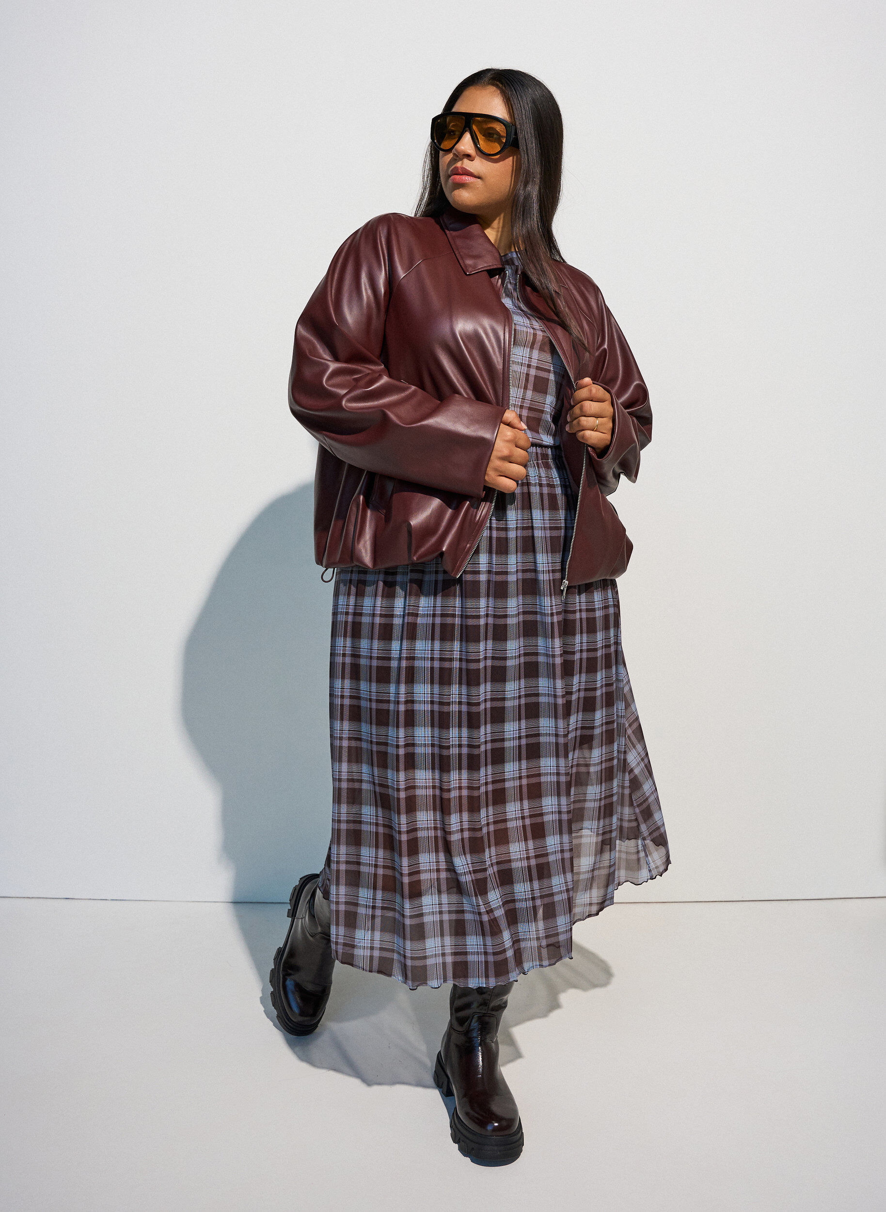 ZizzifashionFaux leather bomber jacket with a drawstring hem, Brown, Model image number 1