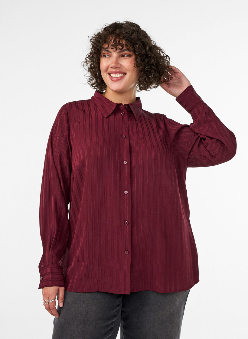 Shirt with textured stripes and glitter threads, Red, Model image number 0