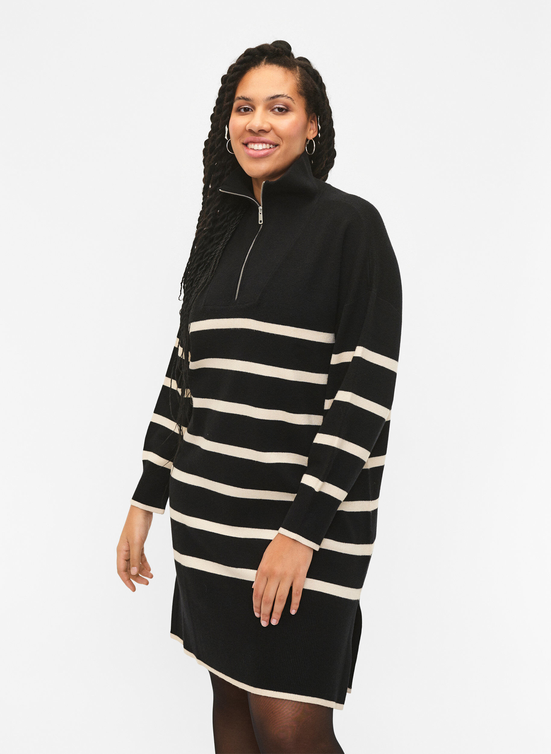Zizzifashion Striped knit dress with high collar and zipper, Black w. Birch, Model image number 0