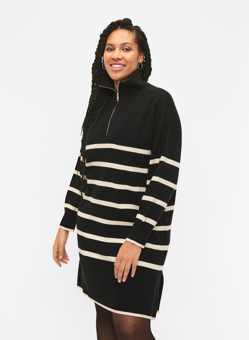 Striped knit dress with high collar and zipper, Black w. Birch, Model image number 0