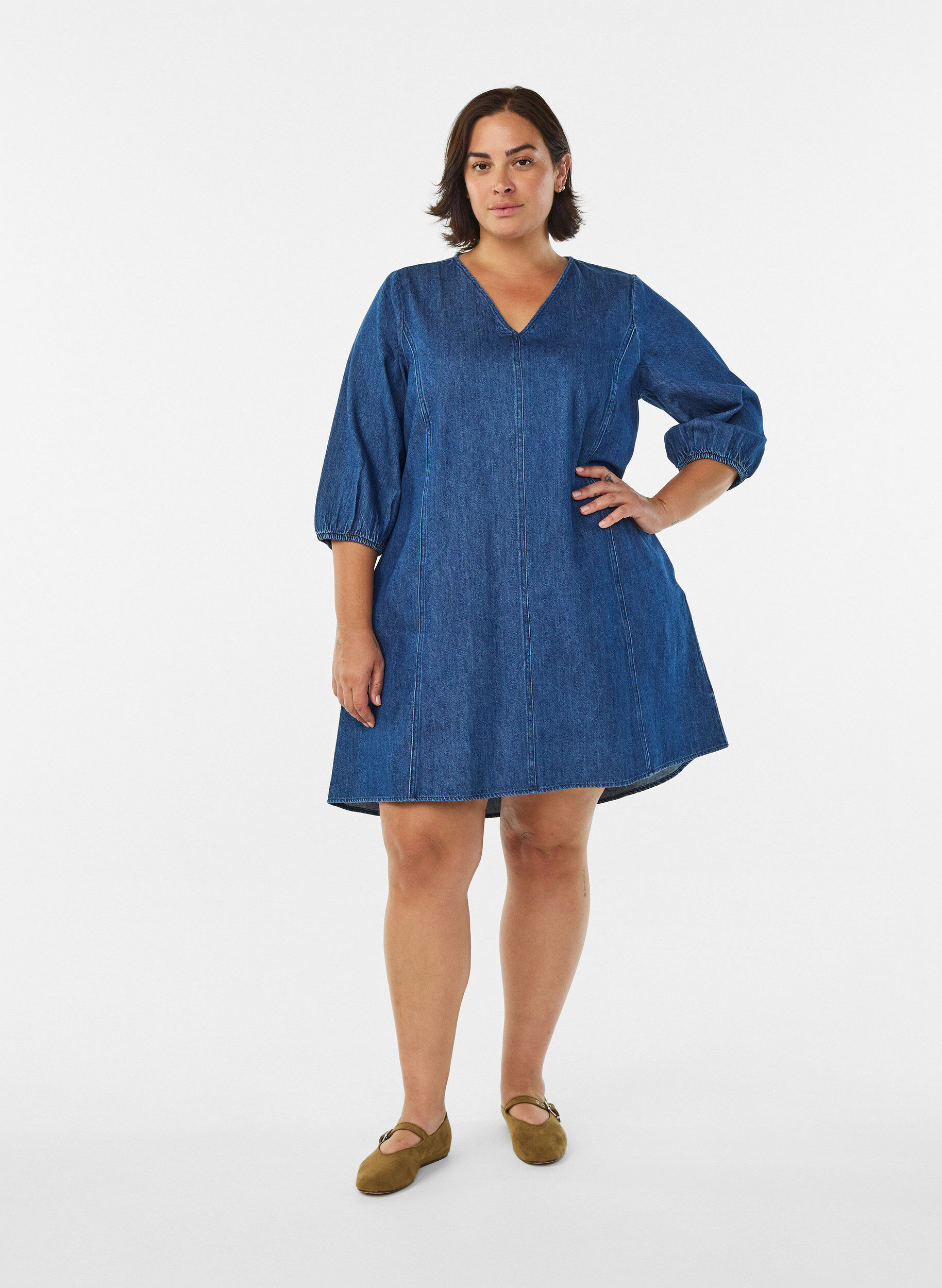 ZizzifashionShort denim dress with 3/4 sleeves, Blue, Model image number 1