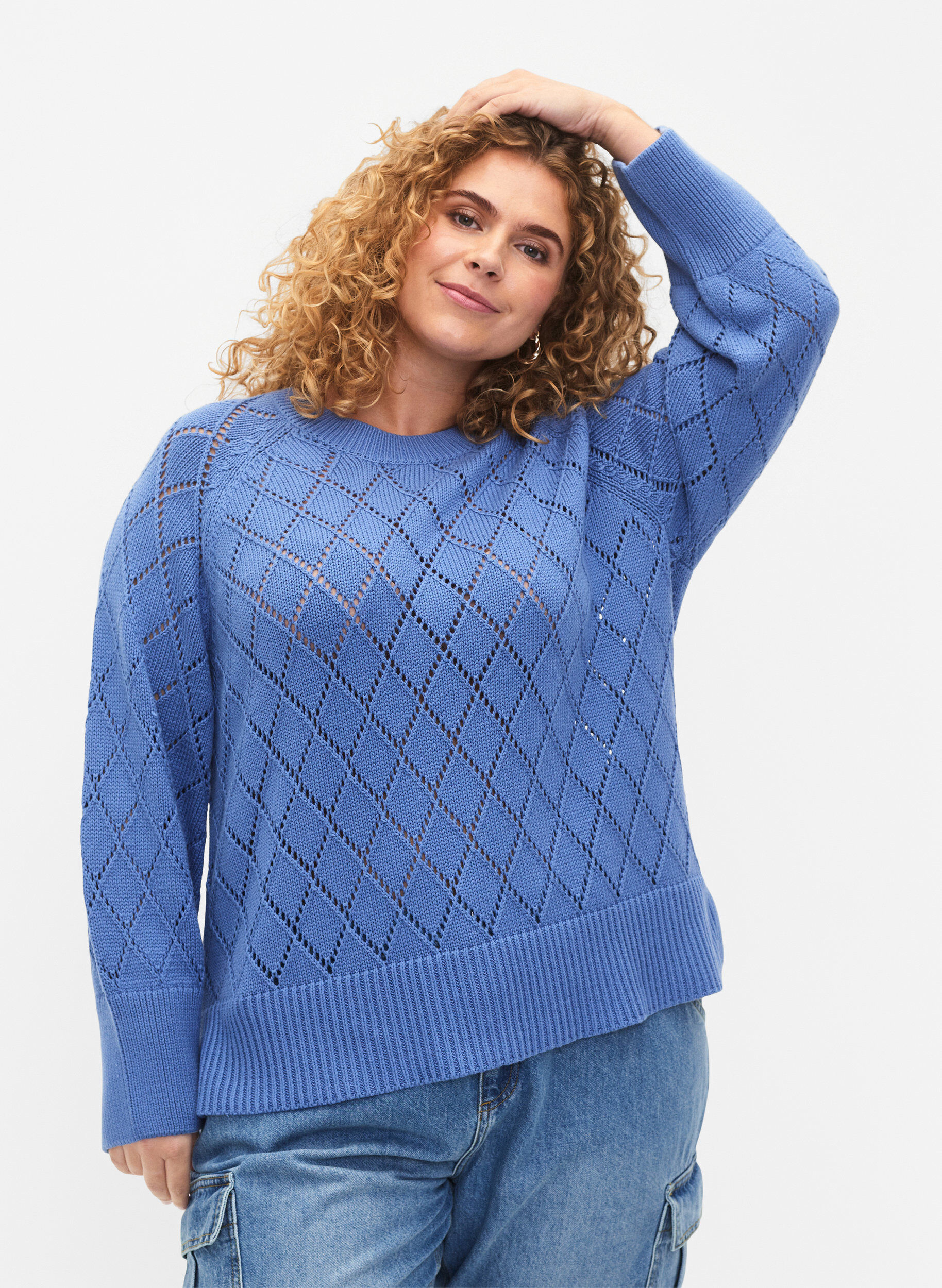 Zizzifashion Long sleeve knitted blouse with hole pattern, Blue Bonnet, Model image number 0