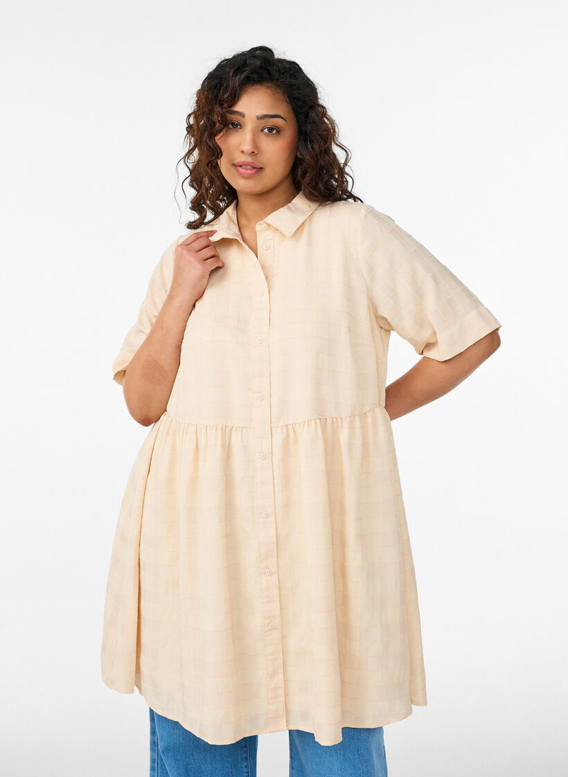 Short shirt dress with a checked texture and 1/2 sleeves, Yellow, Model image number 0