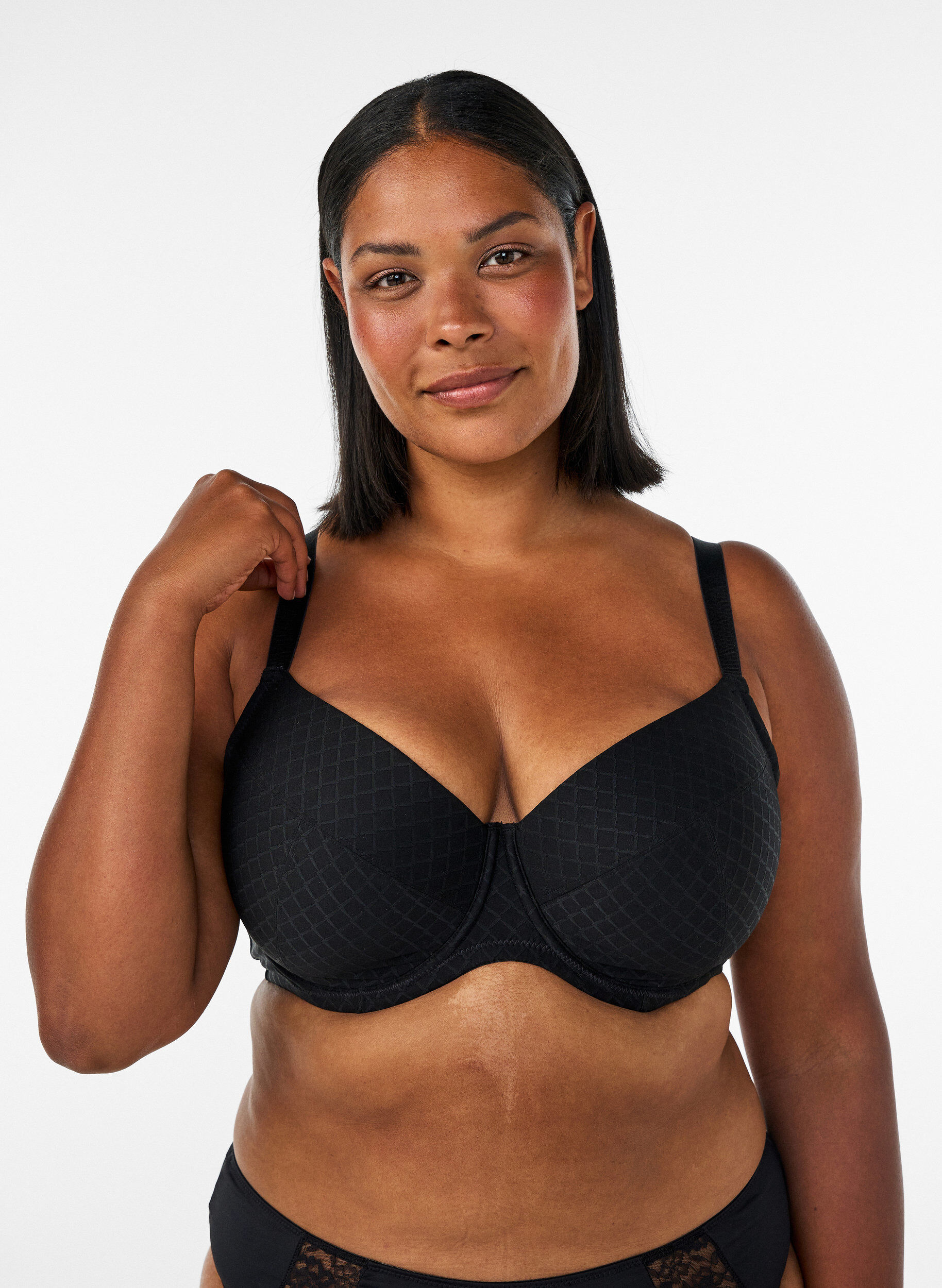ZizzifashionPadded microfibre bra with checked pattern, Black, Model image number 0