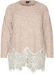 Knitted blouse with raglan sleeves and a wide lace trim, Beige, Packshot image number 0