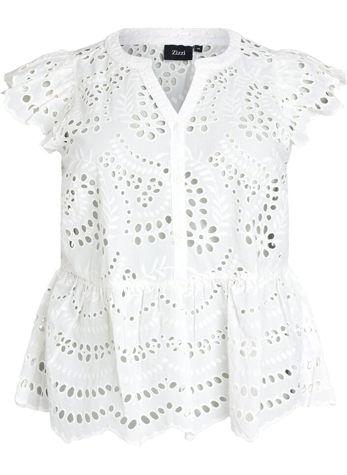 Sleeveless broderie anglaise blouse with ruffles, White, Packshot image number 0