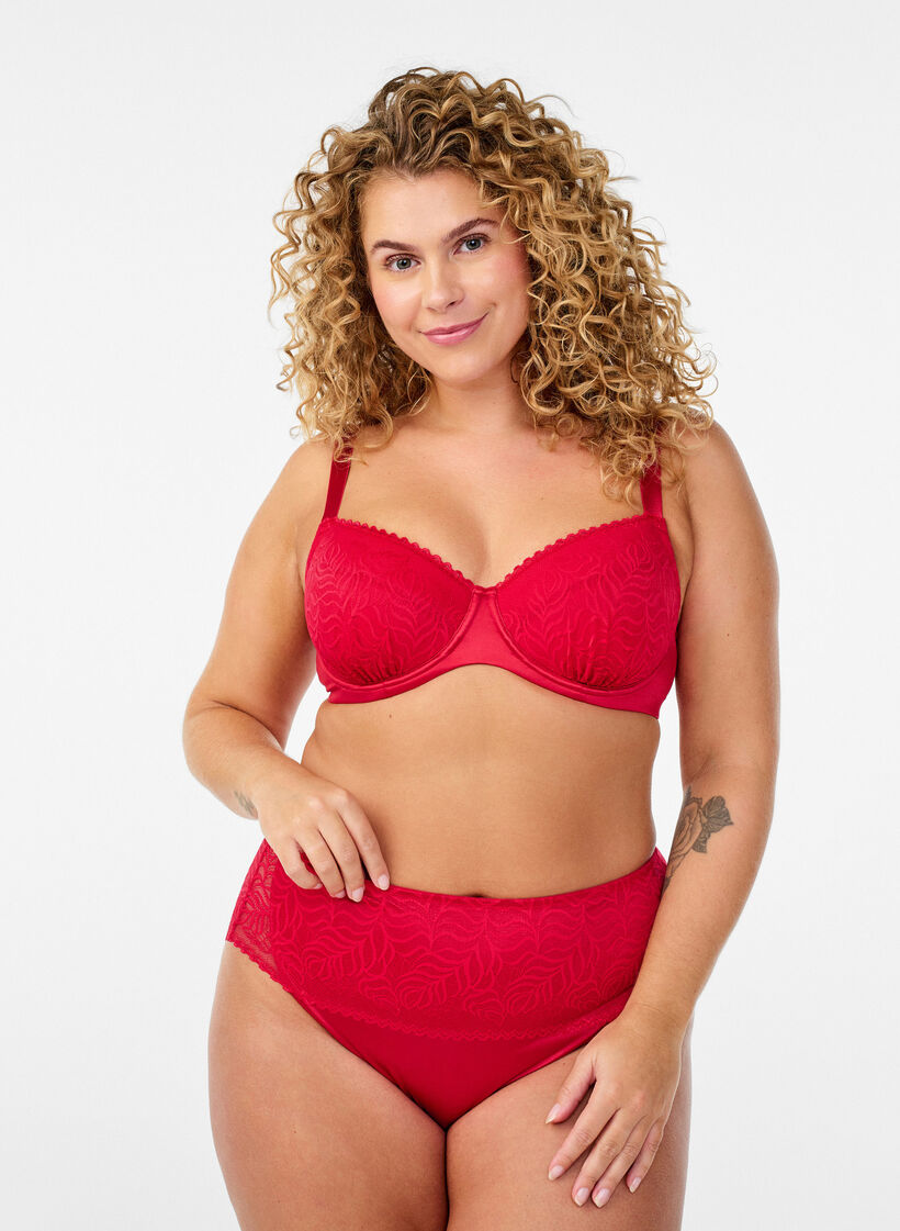Padded bra with shiny microfibre and lace cups, Red, Model image number 1