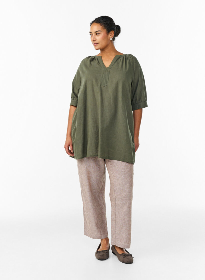 Cotton tunic with a V-neck, Green, Model image number 1
