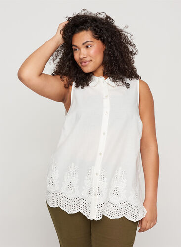 Sleeveless cotton shirt with broderie anglaise, Bright White, Model image number 0