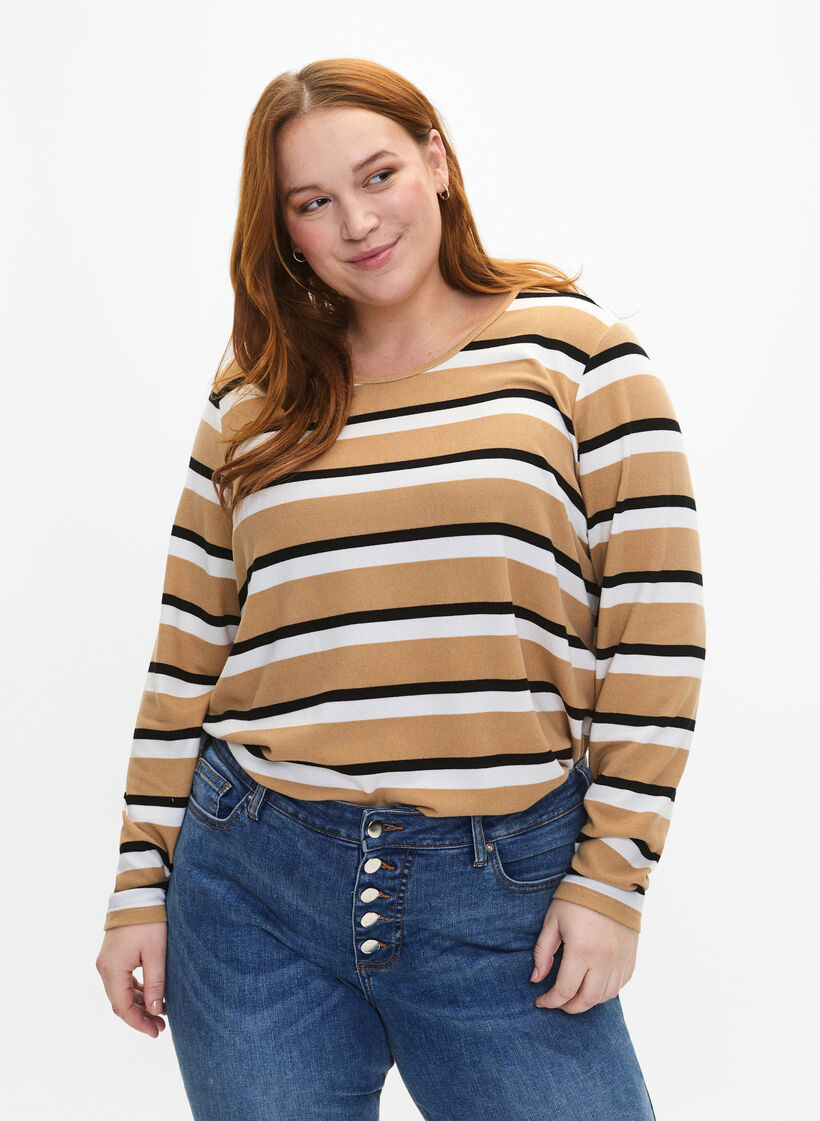 Striped blouse with long sleeves, Black, Model image number 0