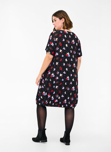 Short-sleeved viscose dress with print, Black Dot Flower, Model image number 1