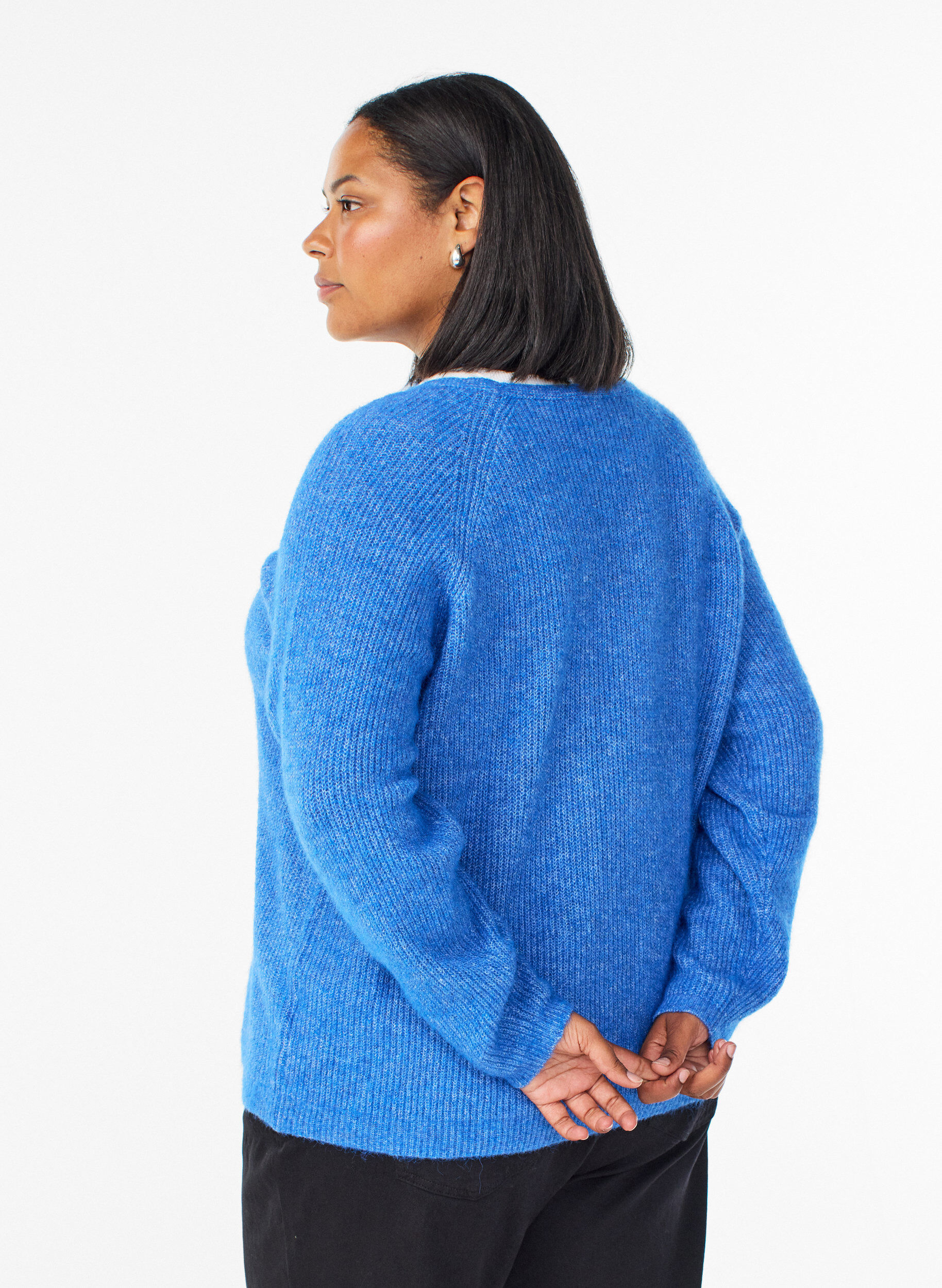 ZizzifashionKnitted blouse with V-neck and raglan sleeves, Blue, Model image number 2