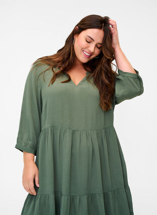 A-line viscose dress with 3/4 sleeves, Thyme, Model image number 2
