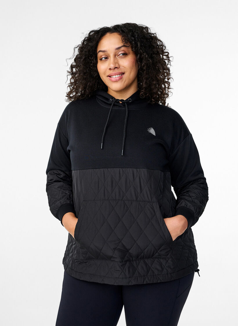 Hooded sweatshirt with quilt, Black, Model image number 0