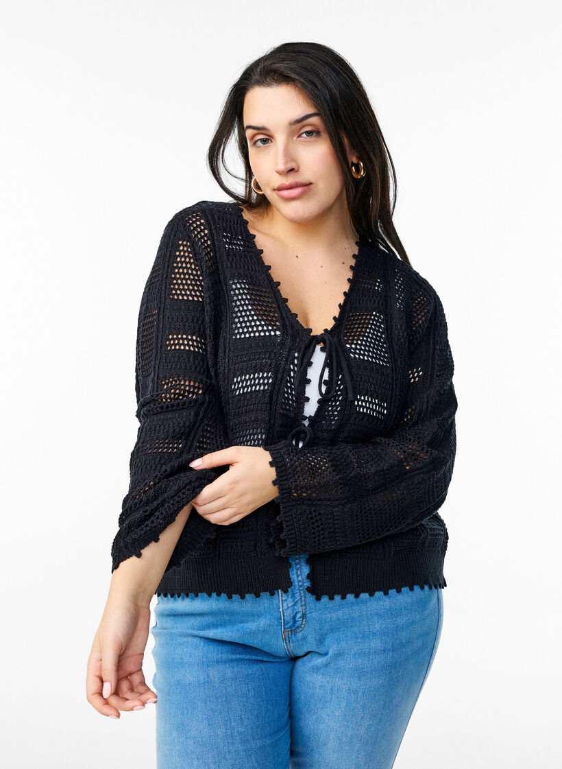 Knitted cardigan with ties and an openwork pattern, Black, Model image number 0