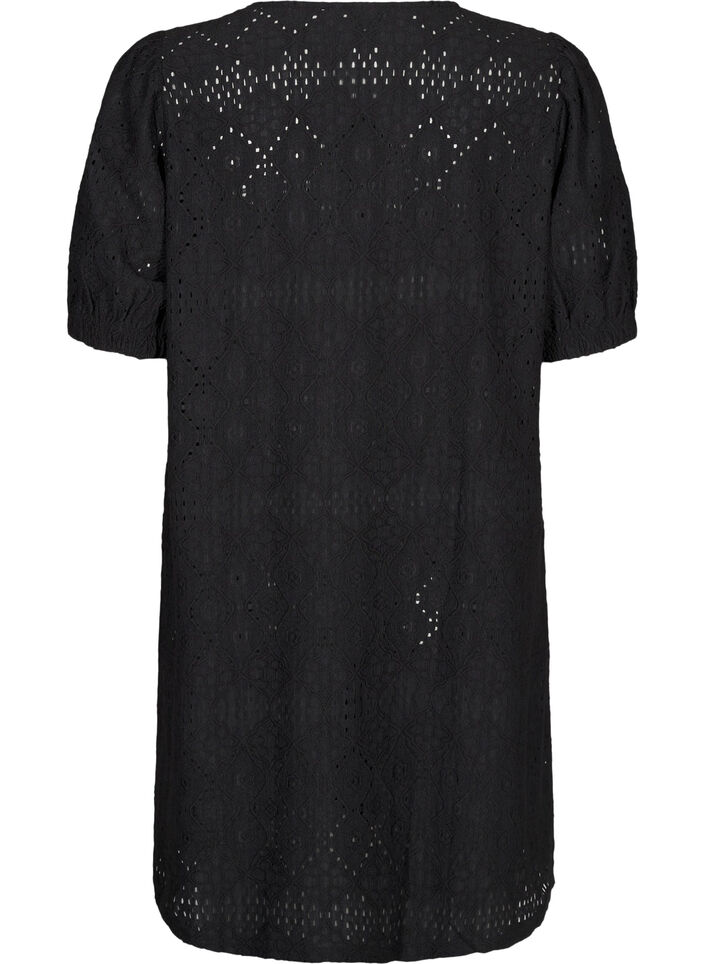 Short dress with v-neck and hole pattern, Black, Packshot image number 1