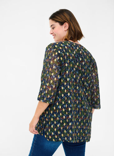 Printed blouse with 3/4 sleeves, Flower AOP, Model image number 1