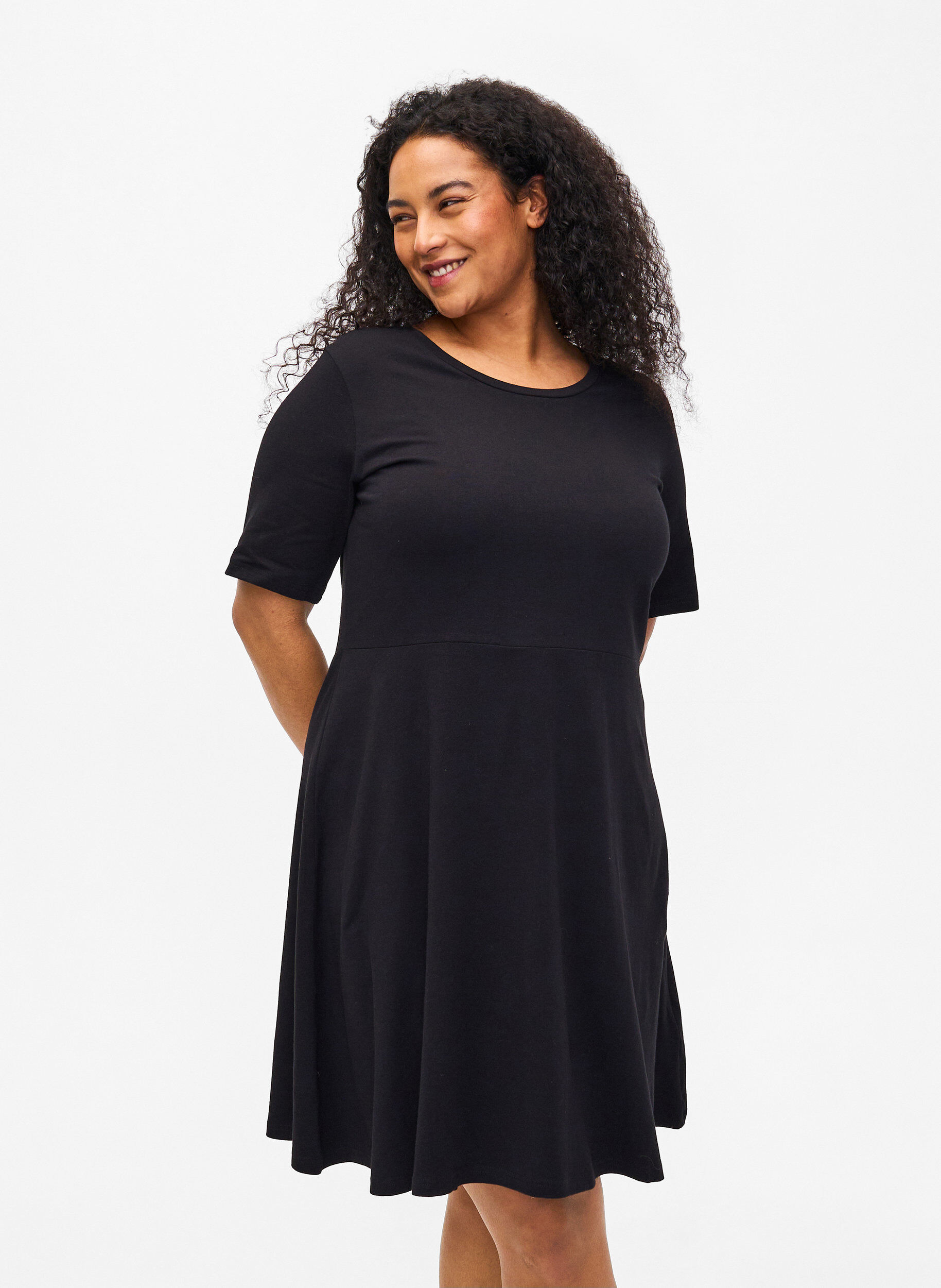 Zizzifashion Solid-color cotton dress with short sleeves, Black Solid, Model image number 0