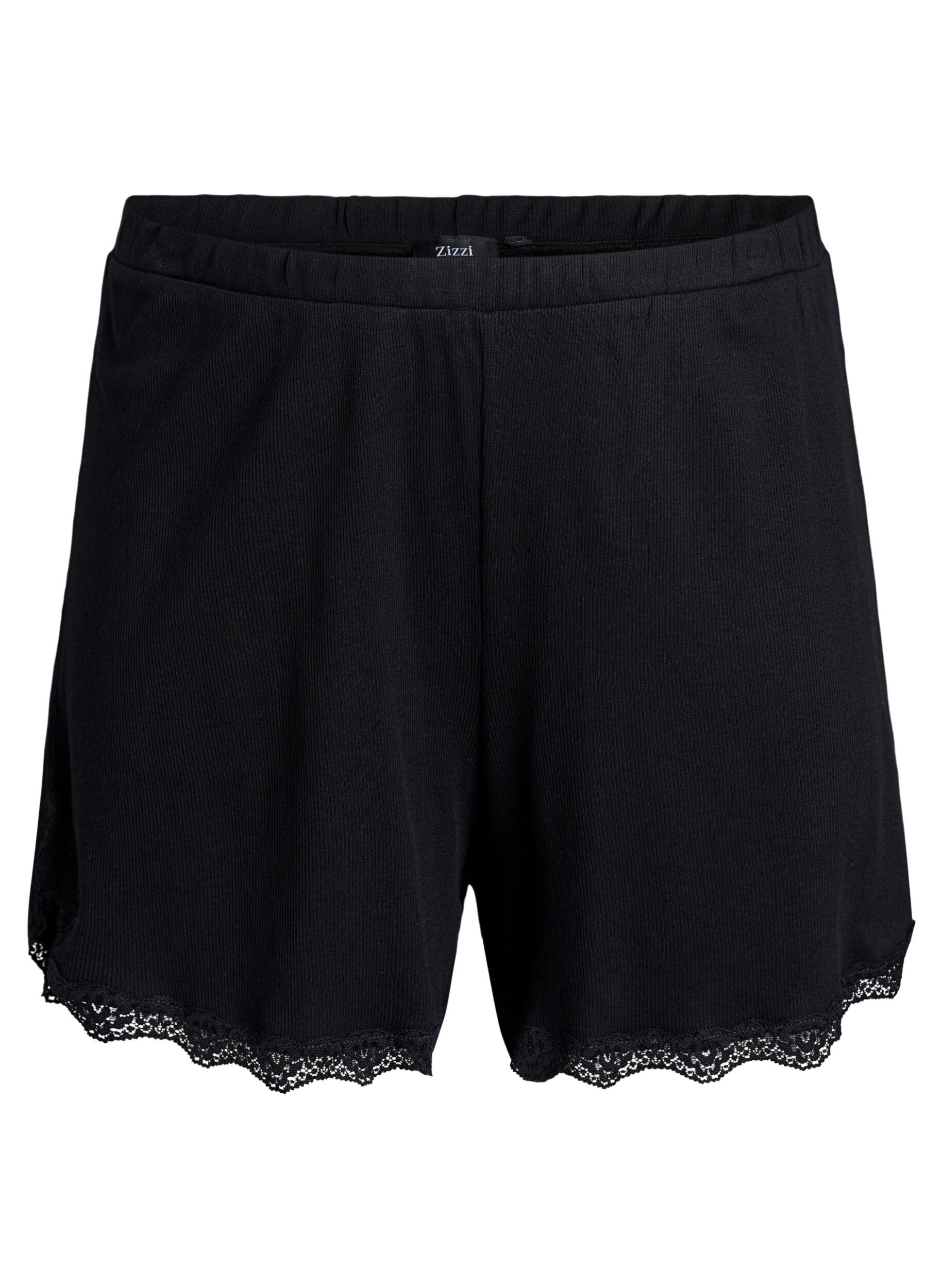 Zizzifashion Loose night shorts with ribbed texture and lace trim, Black, Packshot image number 0