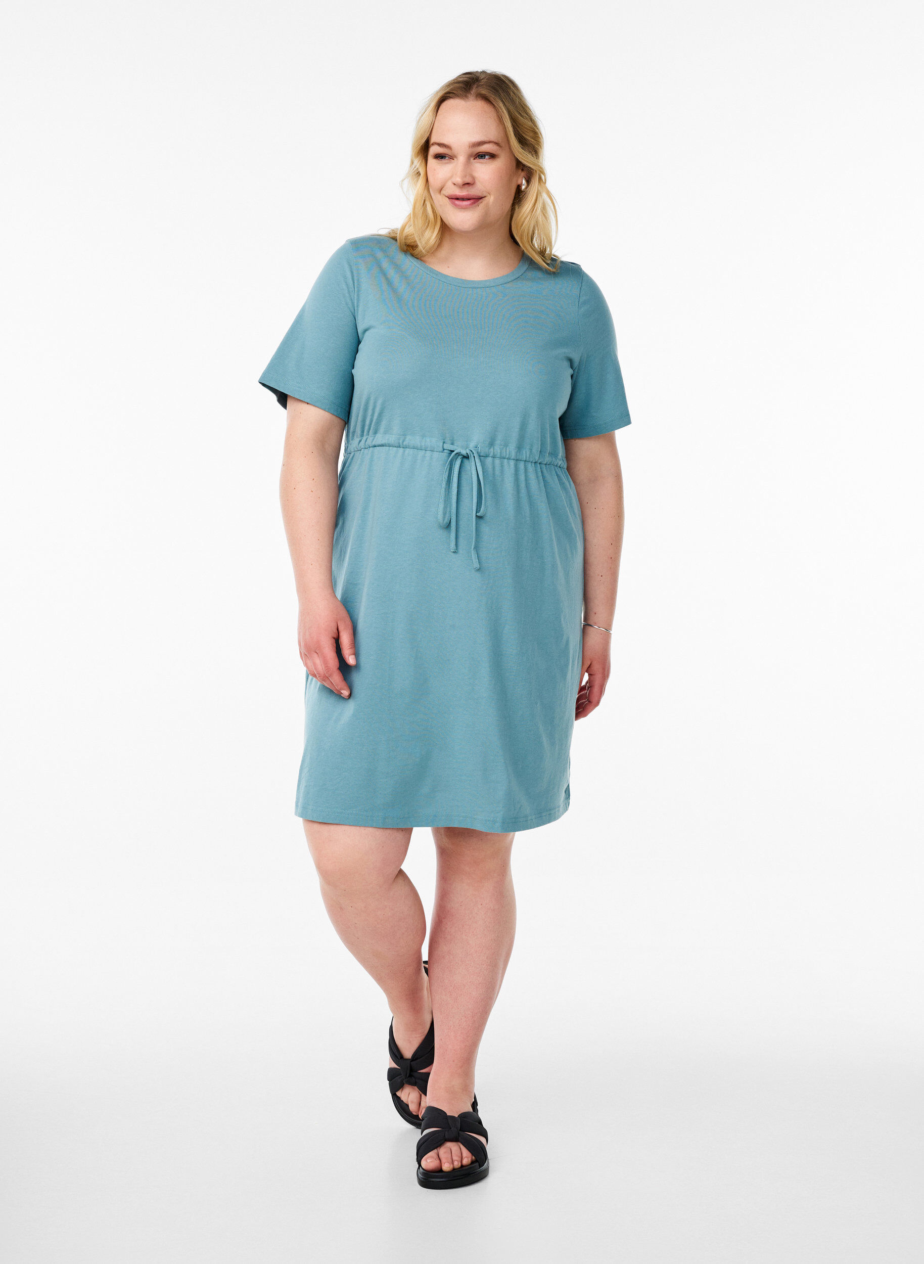 Zizzifashion FLASH - Short T-shirt dress with tie belt, Blue, Model image number 1